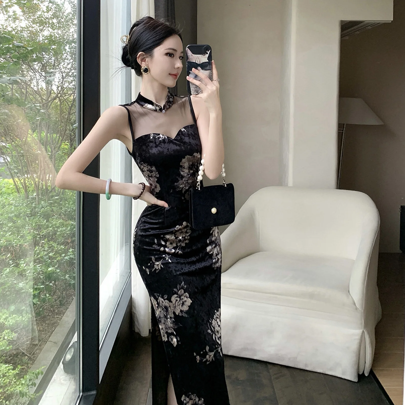 

Бархатное миди Ципао с цветочным принтом для похудения Dr with Me Paneling Svel с высоким разрезом Повседневная одежда Дышащий китайский сле