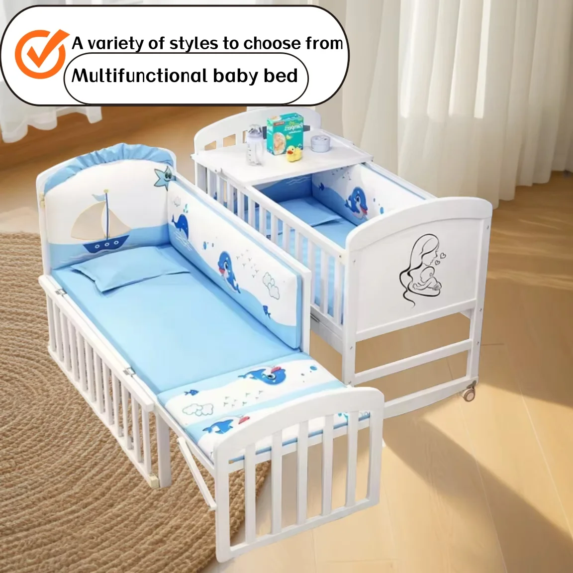 Solid wood crib movable multi-function 0-6 month baby splicing bed newborn bb bed children's cradle bed