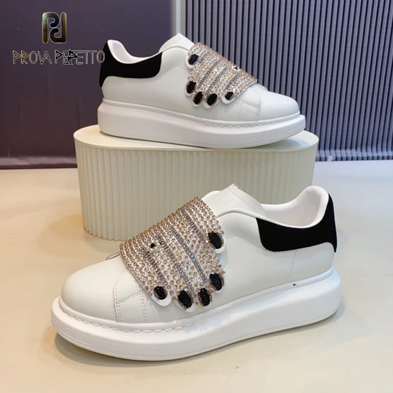 Ladies Thick Platform Flat Sneakers Rhinestone Bling Bling Buckle Round Toe All Match Small White Shoe Top Quality Casual Loafer