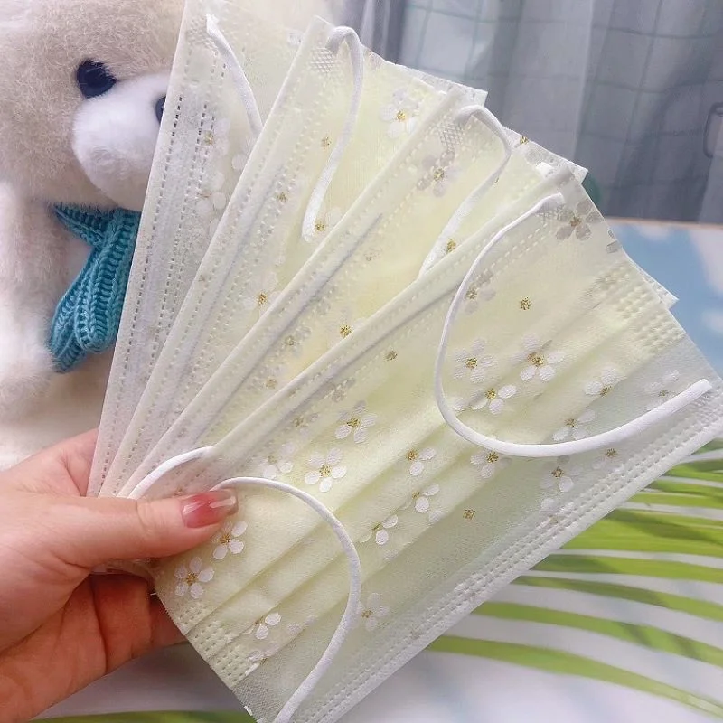 Lightweight Breathable Disposable Mesh Mask Sakura Yellow Two Layer Non Woven Fabric Feminine Style Outdoor Dust Proof Ear Ha...