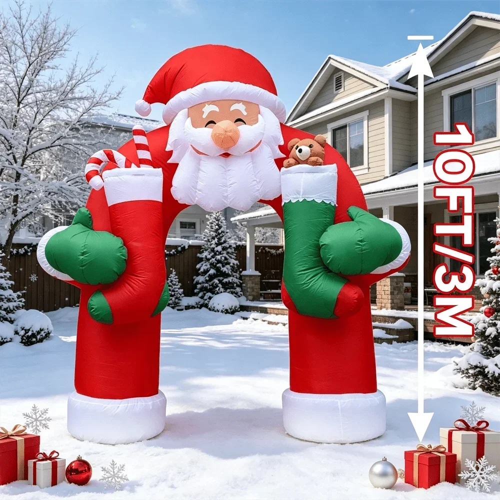 10FT/3M Christmas Inflatable Model Santa Archway with LED Light Up Santa Arch with Stockings Outdoor Yard Xmas Decoration