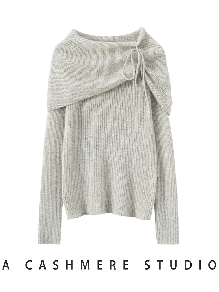 CHICUU ผู้หญิง 100% เสื้อกันหนาวแคชเมียร์เสื้อคอปกแขนยาวสแลชคอเกรซสไตล์แคชเมียร์เสื้อถักฤดูใบไม้ร่วงฤดูหนาวออฟฟิศเลดี้