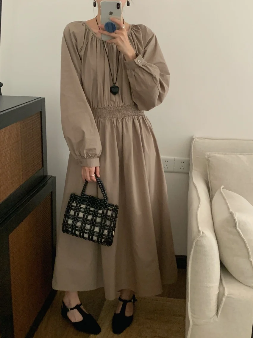 Alien Kitty Solid ฤดูใบไม้ผลิ Maxi ชุดผู้หญิงปิดเอวหลวม Vintage 2025 Chic Slim Minimalist Casual แขนยาวใหม่