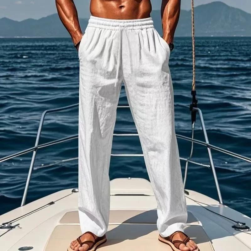 2026 Neue Herren Leinen Freizeithose Locker Geschnitten mit Kordelzug und Taschen Atmungsaktiver Leinenstoff für Strand & Alltag