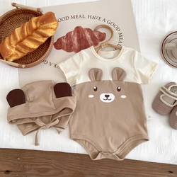 Instagram Summer Korean Baby Bodysuit Cute Baby Bear Color Block Style Trendy Matching Bodysuit with Hat Gift