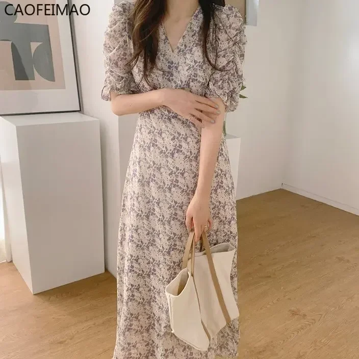 2025 Summer Elegant V-neck Long Waist Hugging Fresh Floral Dress Women French Style Puff Sleeve Temperament Chiffon Skirts