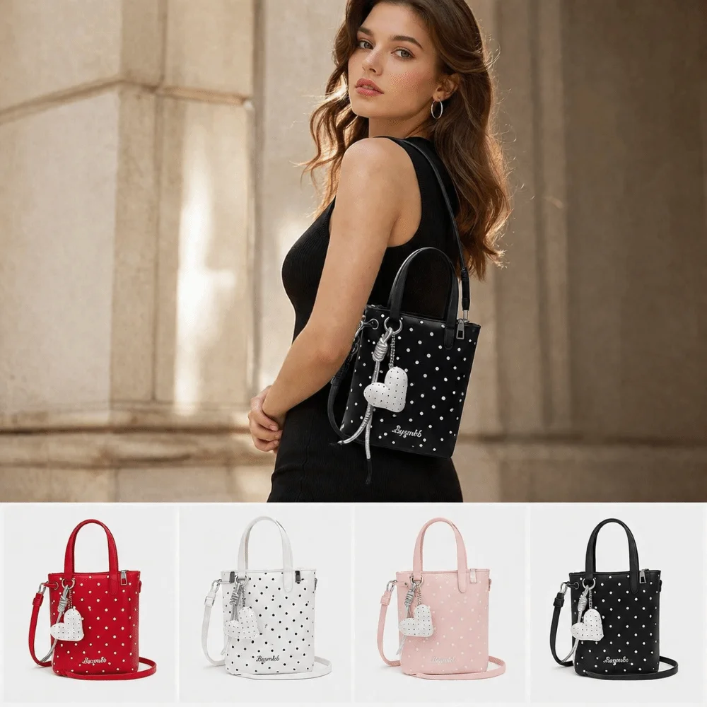 Casual Y2K Mini Phone Bag Polka Dot Heart Pendant Small Square Bag PU Leather Shoulder Bag - view 5