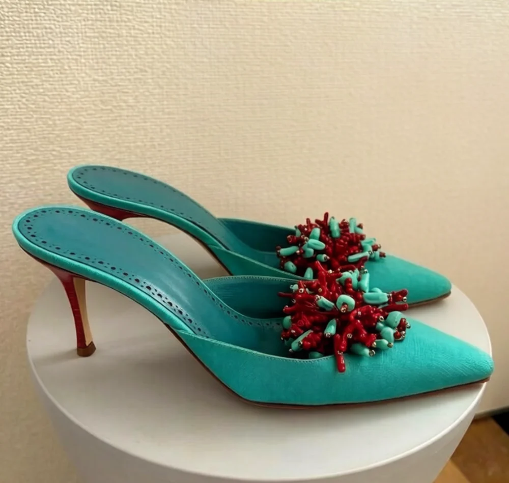 Sandalias de Tacón Abierto Azul Brillante con Adorno de Cuentas Turquesa Coral, Tacón de Aguja, Punta Puntiaguda, Elegantes para Vacaciones en la Playa