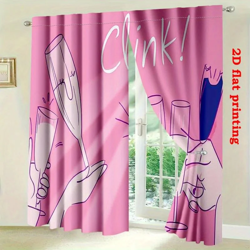 Pink Champagne Toast Print Curtain, Clinking Glasses Pattern Drape, Modern Celebration Party Window Treatment for Living Room