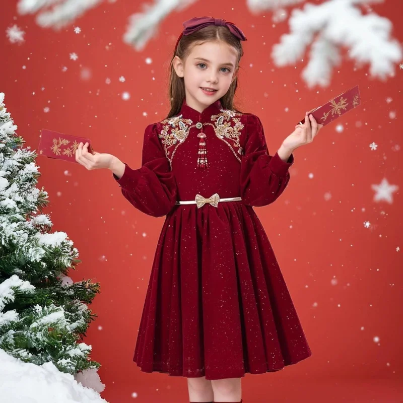 

Красное новогоднее платье для девочек, осенне-зимнее платье, новый стиль для старших детей, платье для выступлений на день рождения, для маленьких девочек