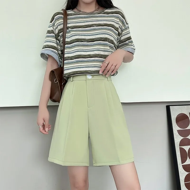Korean Style Fashion Suit Shorts Summer New High Waisted Slimming Loose Wide Leg Pants Casual Women's Five Quarter Pants