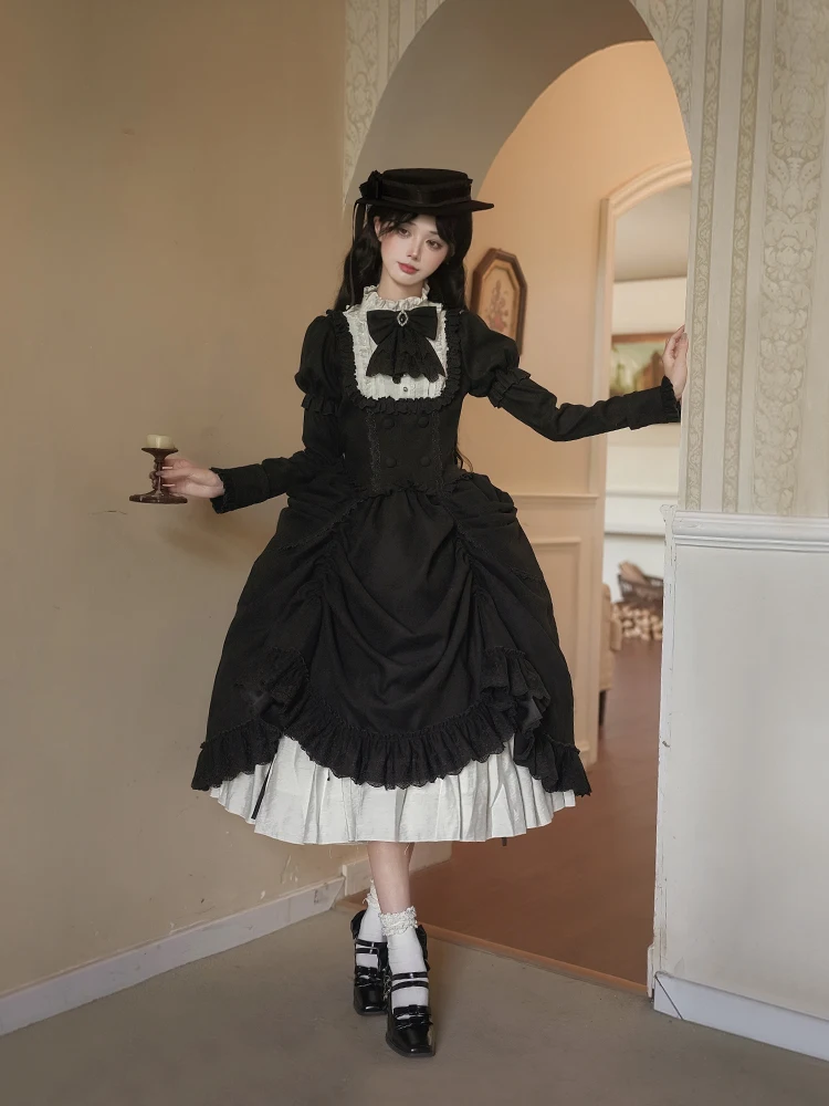 Oryginalny czarny gotycki strój na Halloween, rozdzielna sukienka, francuski elegancki styl dworski, retro koszula z długim rękawem, zestaw długich spódnic, sukienka Lolita.