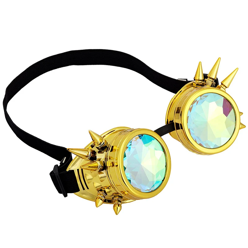 Women & Men Gold Rivets Rainbow Kaleidoscope Glasses Steampunk Goggles Goth Vintage Eyewear Rave Party Adult Cosplay Accessories