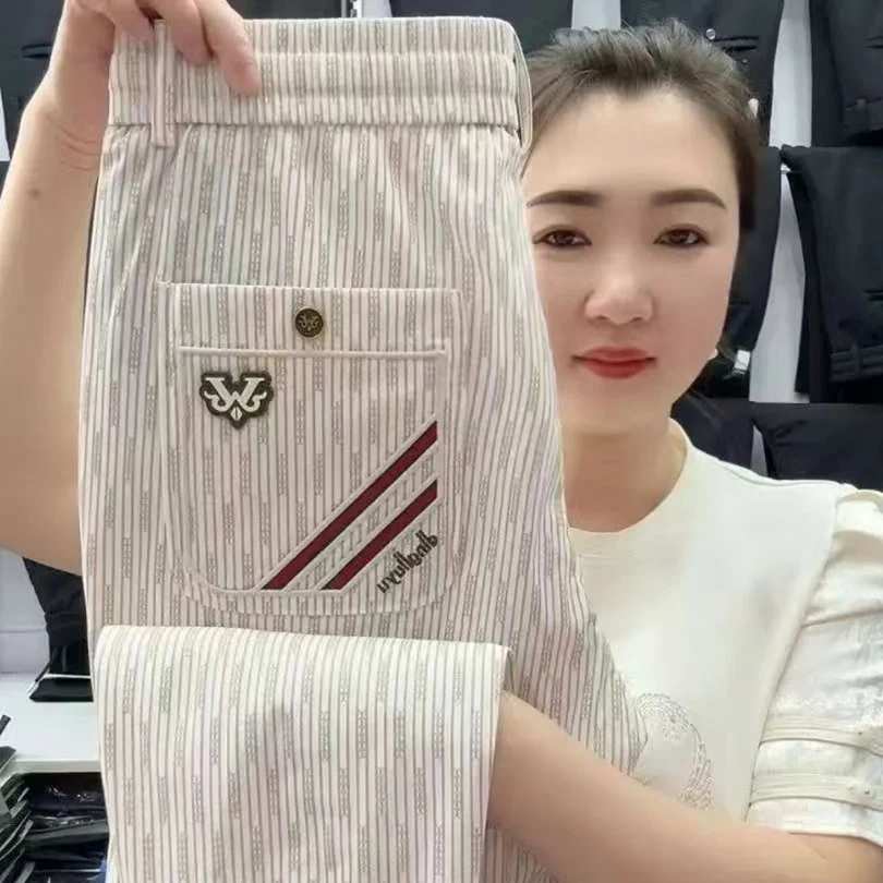 

Men's Summer Thin Ice Silk Sports Pants Loose Cuffed Casual Long Trousers Qui Dry Striped Elastic Waist Polyester Fiber