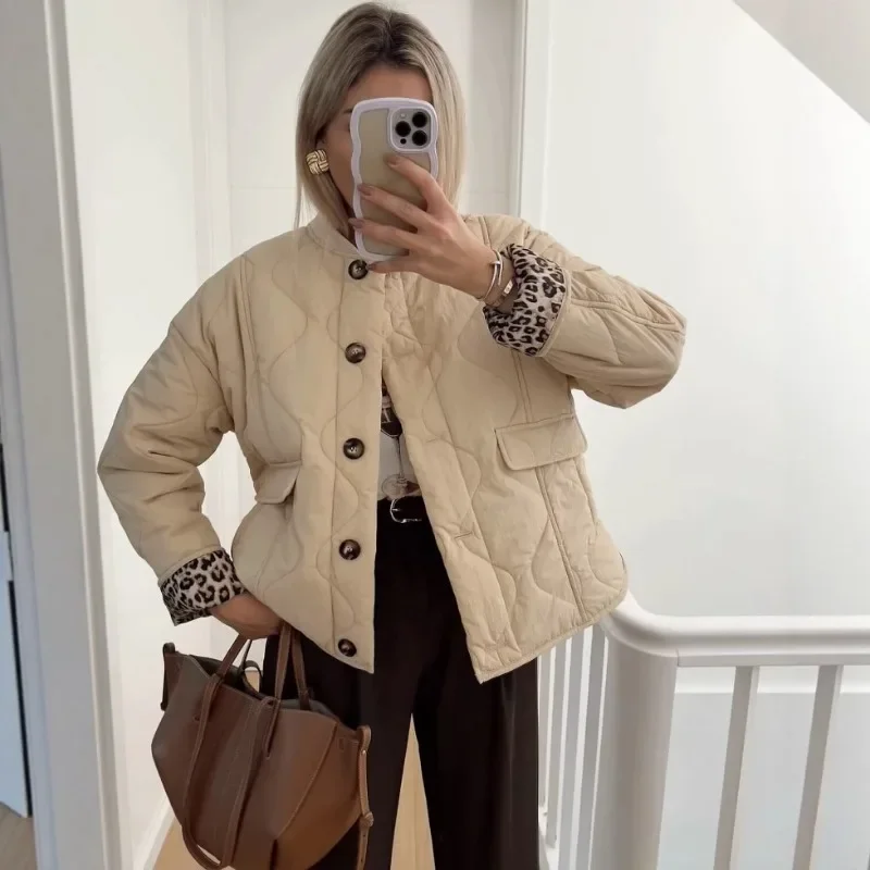 Mode hiver veste femme à manches longues imprimé léopard boutonné manteau rembourré veste matelassée femmes noir Parka vêtements d'extérieur chauds