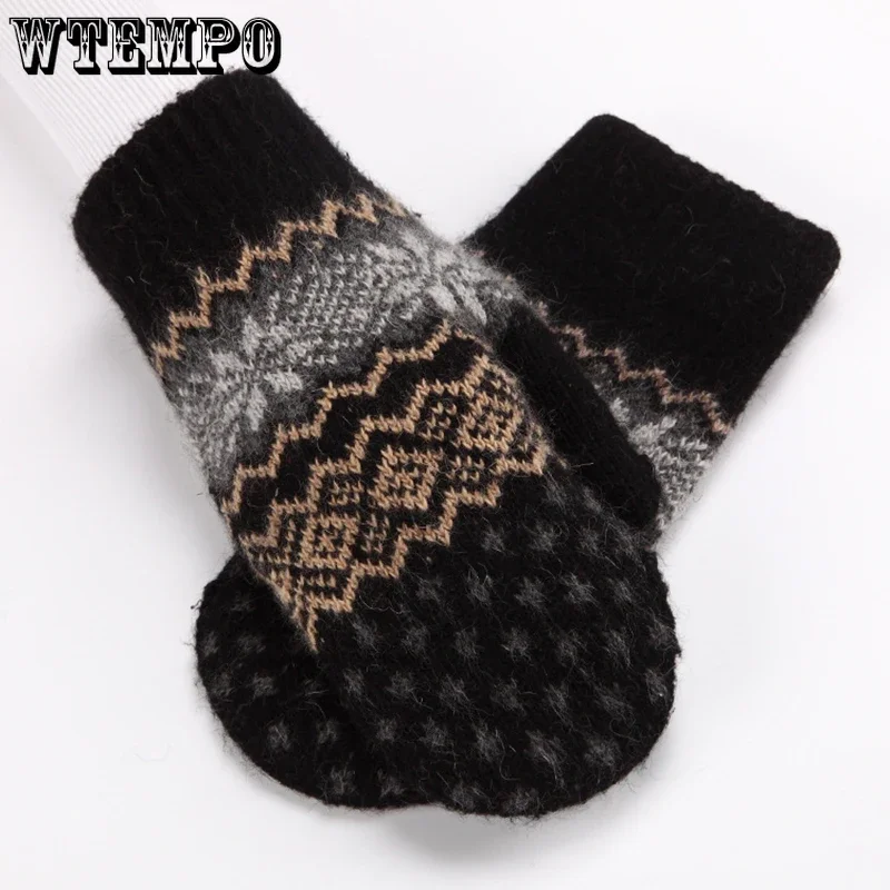 WTEMPO Fall Winter Couple Thick Warm Wool Mittens Double Layered Velvet Cold-proof Cycling Gloves Knitted Finger Wrapped Gloves