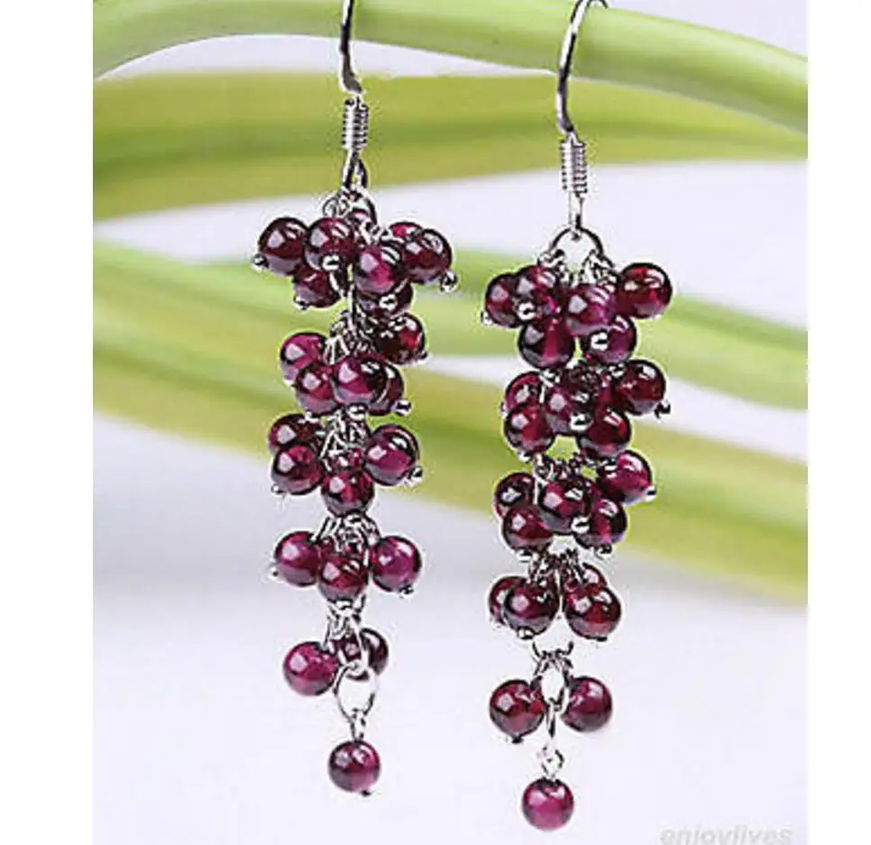 

Red Garnet Beads Cluster Grape White Plated Hook Earrings