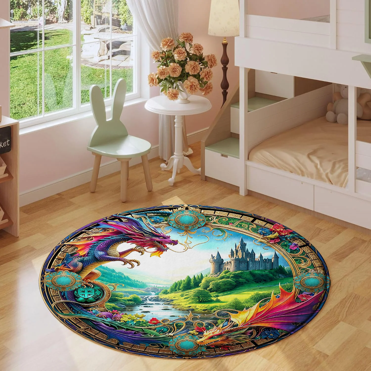 Fantasy Dragon Medieval Castle River Landscape Golden Frame Pattern Holiday Luxury Round Mat Elegant Area Rug Home Decor