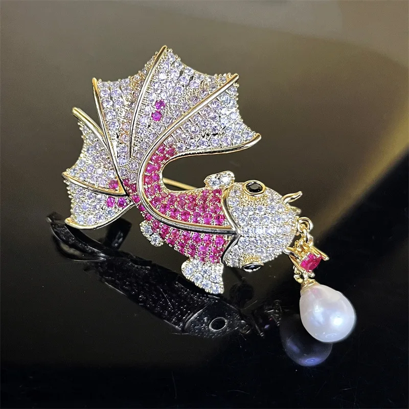 OKILY Shiny Zircon Cute Goldfish Brooch with Real Pearls for Women's Clothing Pin Elegant Natural Freshwater Pearl Animal Broch