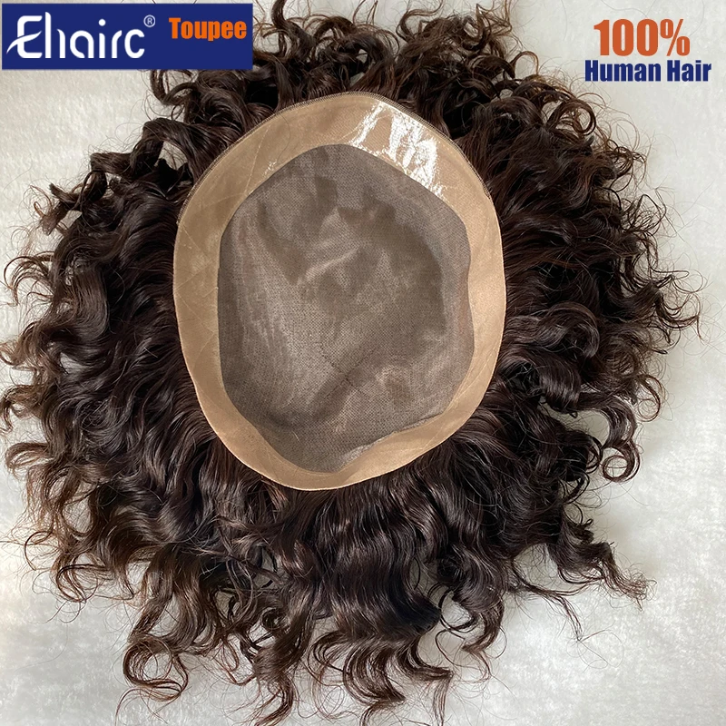 Brown Color Curly Toupee For Men Mono Hair System Unit for Men Durable Male Hair Prosthesis 100% Human Hair Men\'s Wig