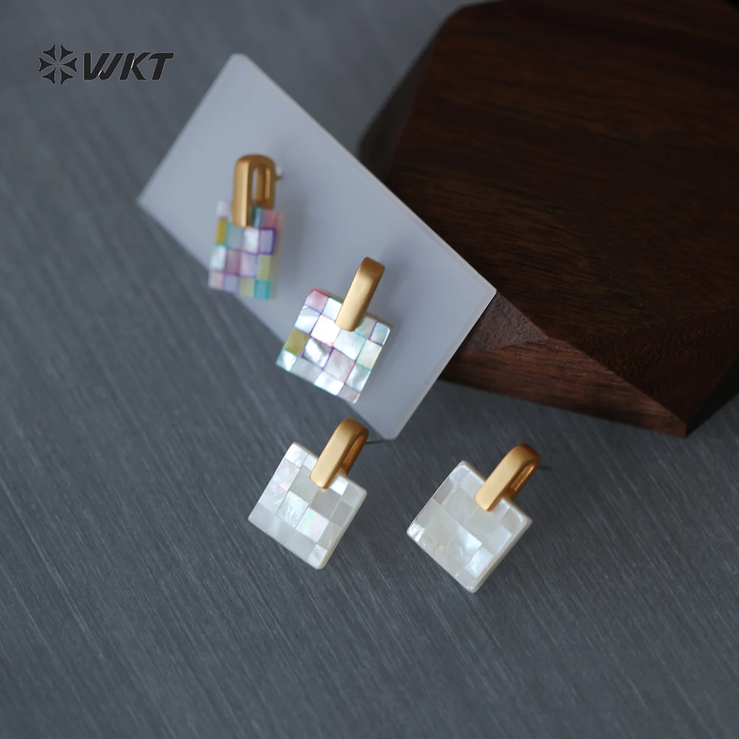 WT-MPE185 Exquisite Simple White And Colorful Splicing Square Mabe Shell Gold Earrings For Female Friends Jewelry Gift