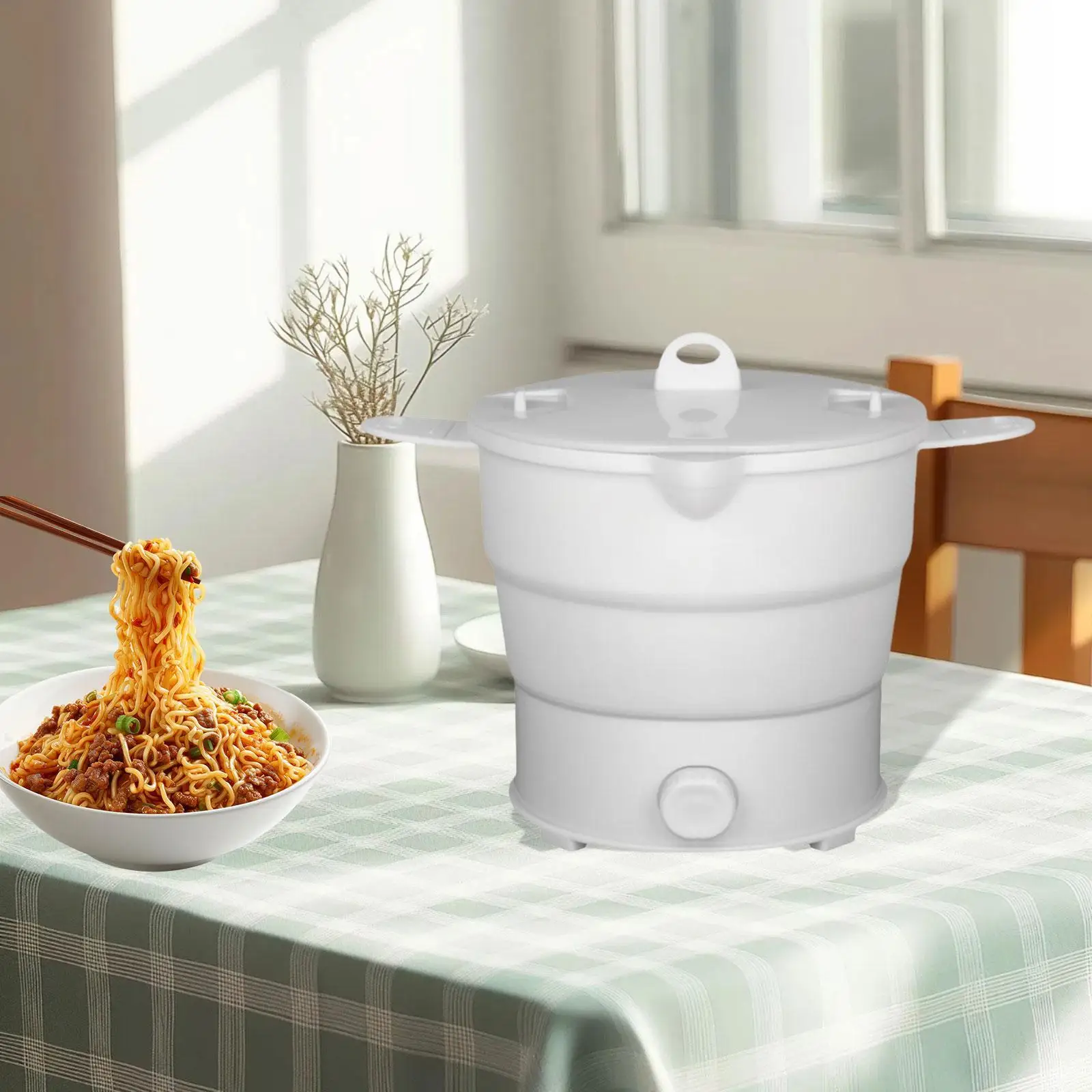 Travel Hot Pot 1.2L with Steamer Electric Kettle Silicone Cookerware Boiling Water Steamer for Dorm Soup Hotel Porridge Kitchen