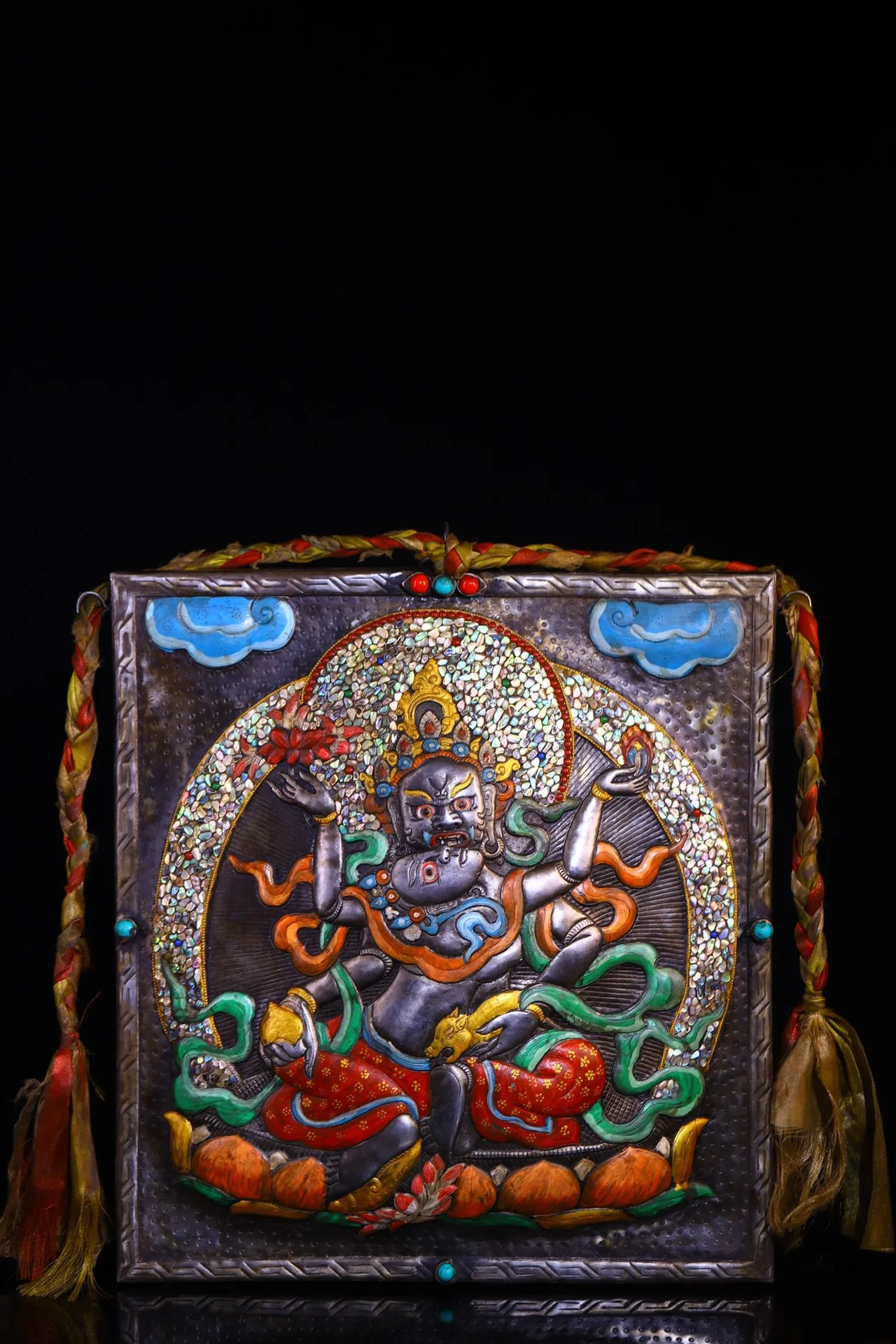 

15"Tibetan Temple Collection Old Tiantie Painted Mosaic Gem Shell Red Jambhala Red God of Wealth Thangka Mandala Worship Hall