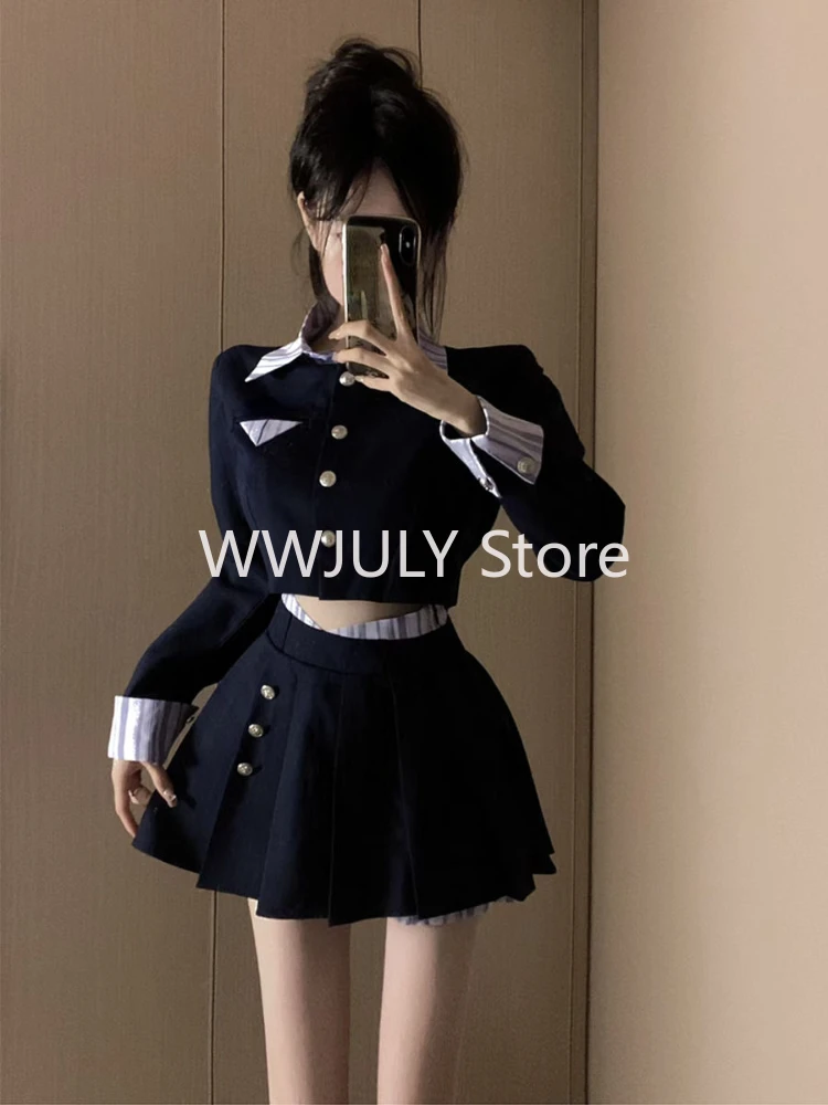 20024 New Uniform College Style Fashion Blazer Set Patchwork Elegant Crop Tops + Slim Sweet Y2k Mini Skirt Korean Suit Woman