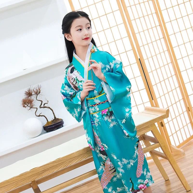 Yukata tradicional com estampa Obitage para meninas, vestido clássico de quimono, roupão japonês, roupas cosplay cetim, roupas performativas