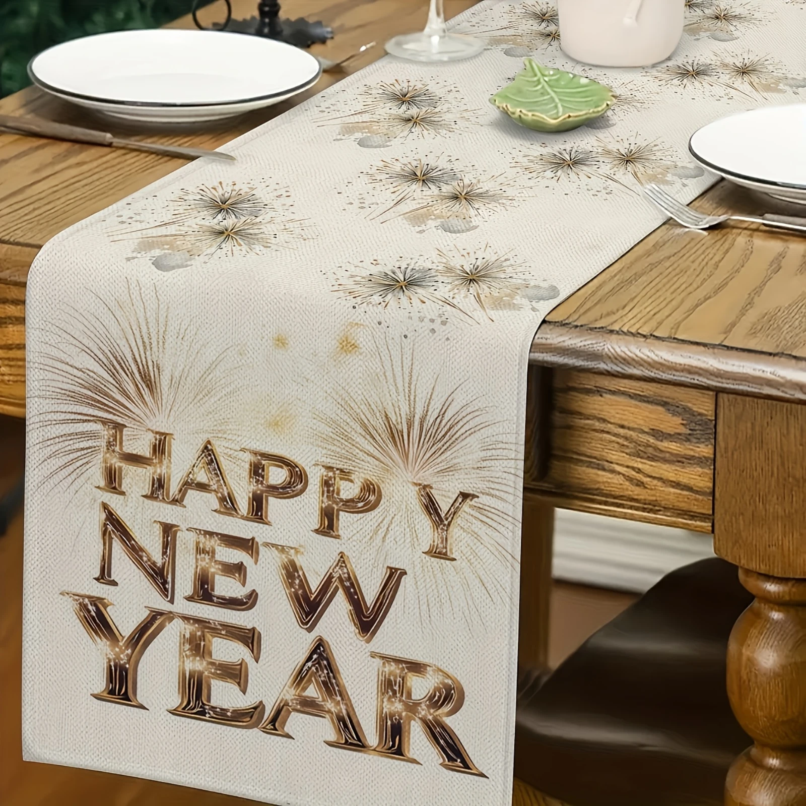 Happy New Year Table Runner Elegant Golden Fireworks & Confetti Design Holiday Table Decor for Kitchen Dining Room Party Festive