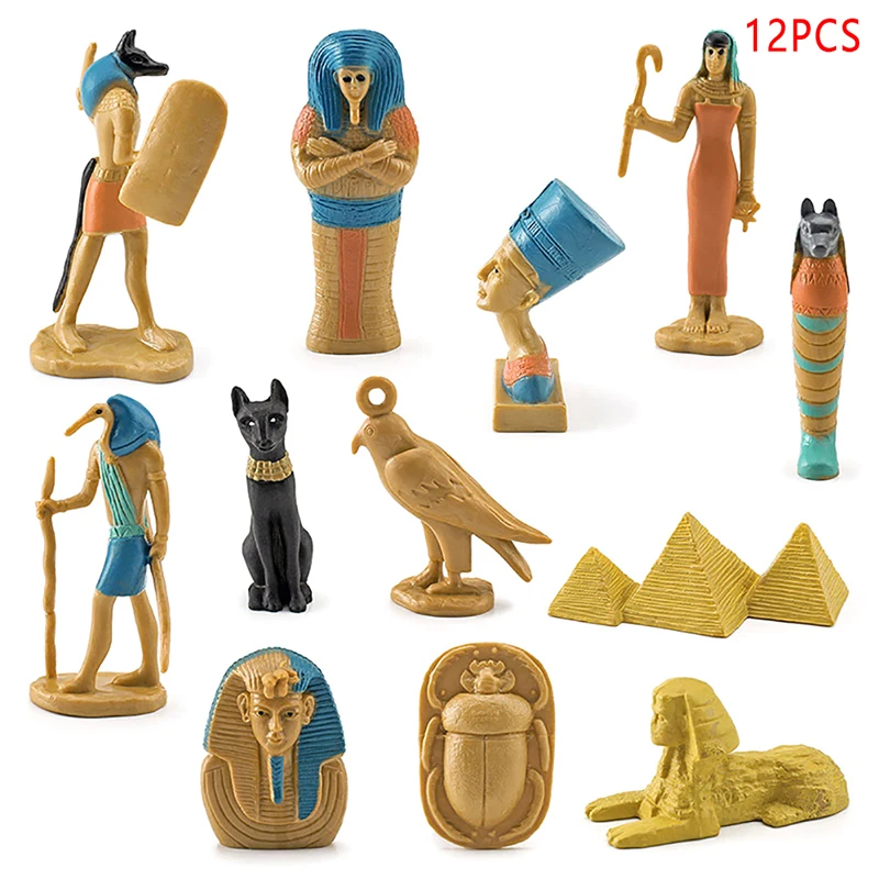 12pcs Ancient Egypt Figures Doll House Miniatures Simulation Statues Early Educational Toy Mummy Case Thoth Hieroglyph Toy