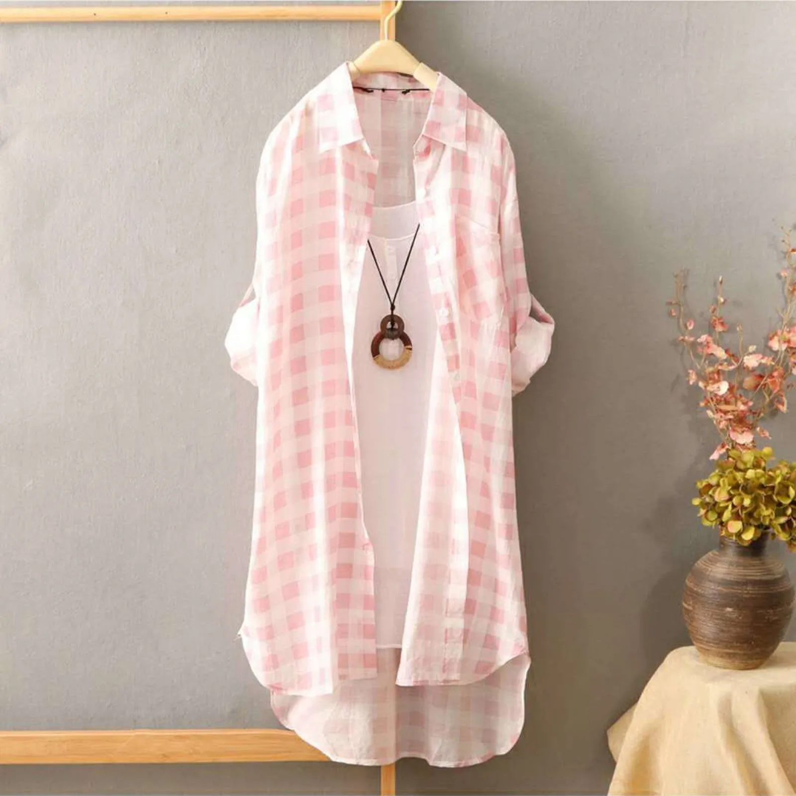 Women Casual Plaid Cotton Shirt Fashion Oversized Loose Button Outdoorwear Tunic Shirt Blouse Female Long sleeve Beach Sun Tops