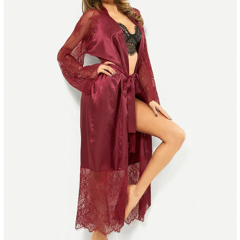 Sexy Damen Robe Nacht kleid transparente Spitze Langarm Pyjama bestickt Spitze Rock Saum Erotik Dessous Nachtwäsche