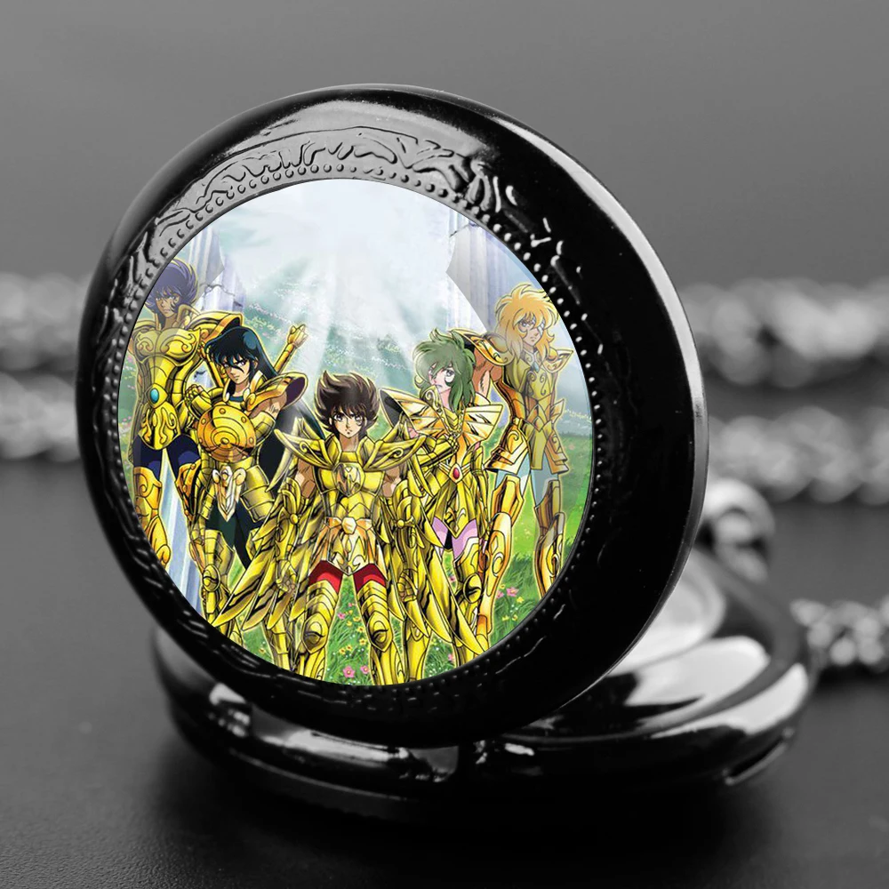 Jam tangan saku Quartz praktis kubah kaca desain Saint Seiya kalung rantai Fob jam hadiah anak-anak kembali ke sekolah