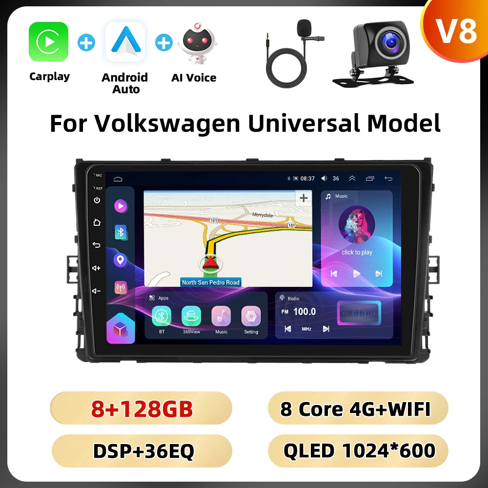 Podofo 9 '' Qualcomm Autoradio Voor Volkswagen Lavida Plus 2023/Polo 2017-2021/Transporter 2015-2019 Carplay Android Auto WIFI 4G