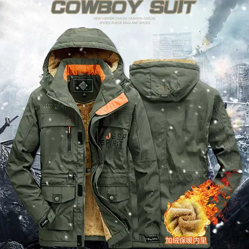 Parkas Winter Men Casual Plush Thick Warm Windproof Multi Pockets Hooded Cotton Jackets Solid Military Detachable Hat Coat Male