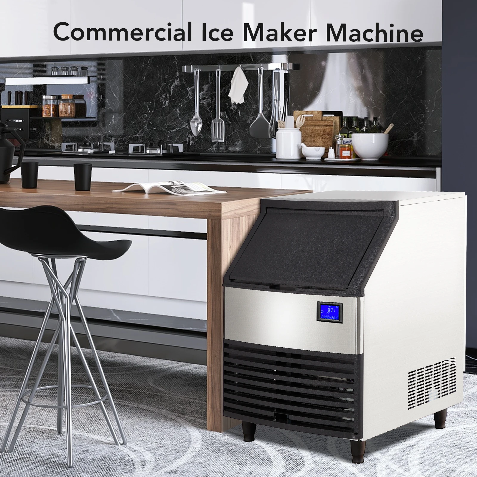 Commercial Ice Maker,176LBS/24H Stainless Steel Under Counter Design, LCD Screen Display,with 99lbs Ice Storage Capacity