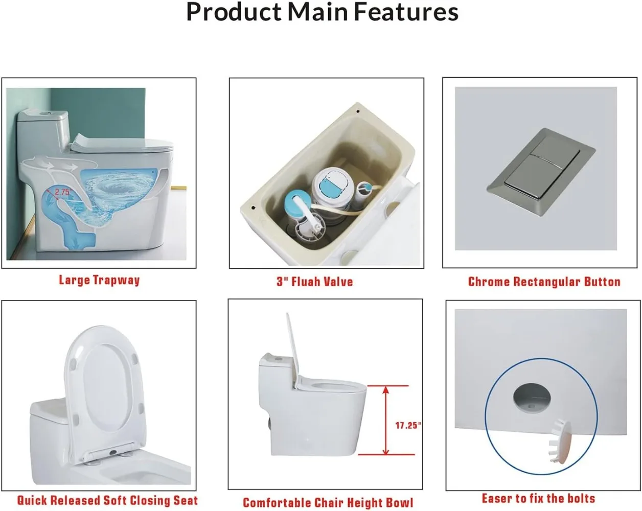 مرحاض ممدود مزدوج القطع من قطعة واحدة، ارتفاع كرسي مريح 17.25 بوصة مع مقعد إغلاق ناعم باللون الأبيض