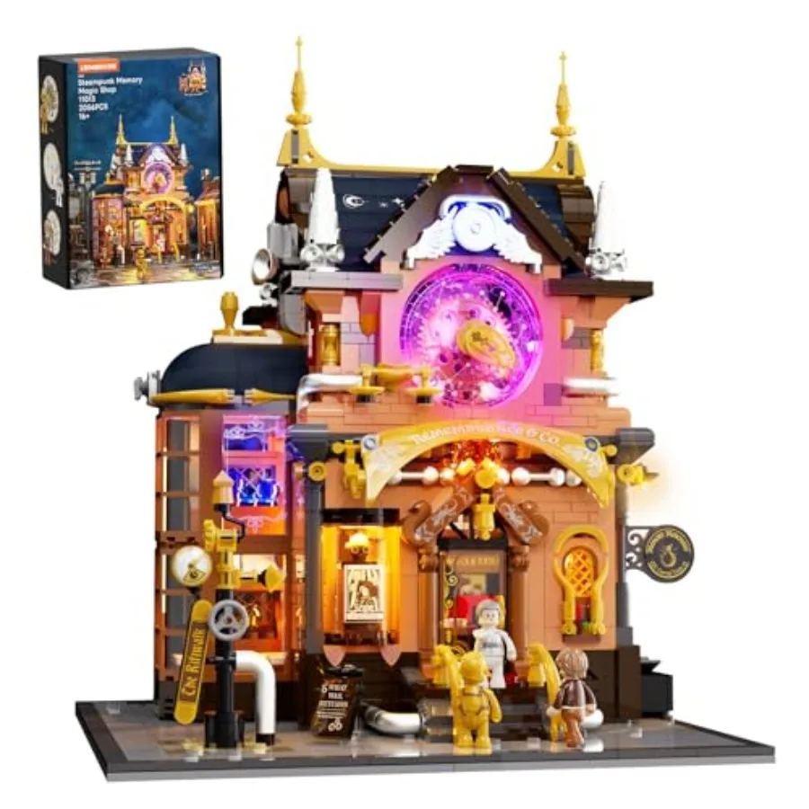 

Steampunk Memory Magic Shop Lighting Building-Bricks Set brass-accented brown-gray modular display set 2056 pcs for adult colle