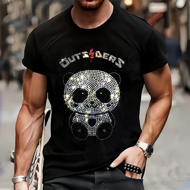 Luxury Mens Quality T-Shirts Summer Casual Street Short Sleeve Panda Clothing Tee Tops O-Neck Rhinestone Breathable Tshirt New