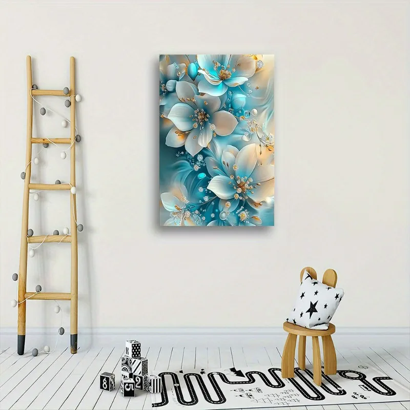 Elegant Oil Painting Artwork Framed Serene Blue and White Flowers with Gold Accents Perfect for Living Room Bathroom Decoration