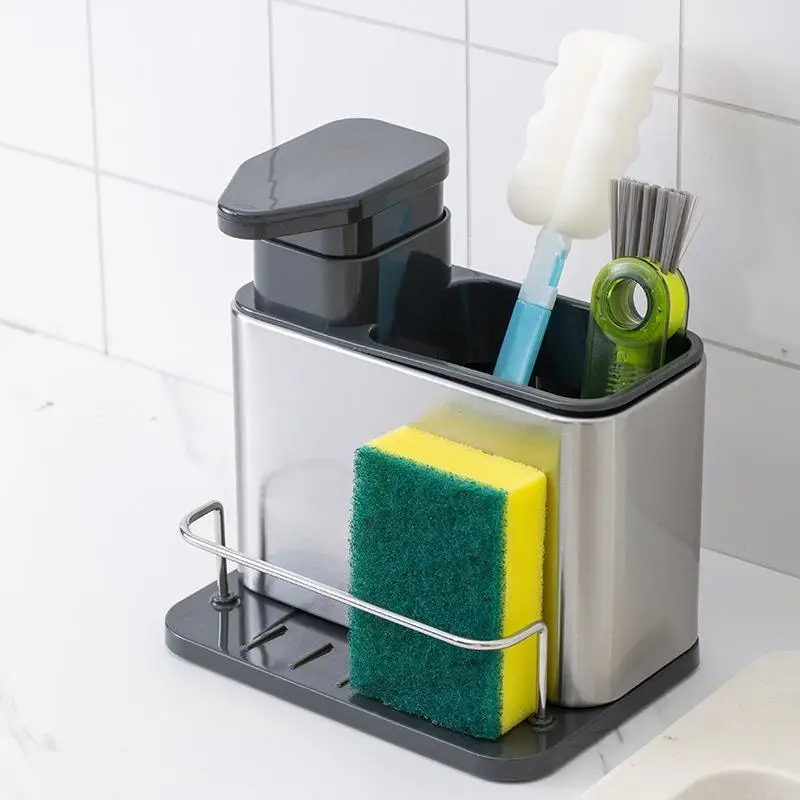 3 In 1 Kitchen Stainless Steel Tableware Soap Dispenser Sponge Holder Sink Organizer Drain Rack For Kitchen Sinks