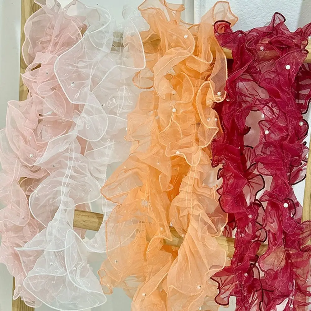 11cm Wide Organza Beaded Ribbon 1 Yard Wave Ruffle Edge Lolita Lace Accessories Flower Lace Pearl Fabric Edge Beaded Mirror Welt