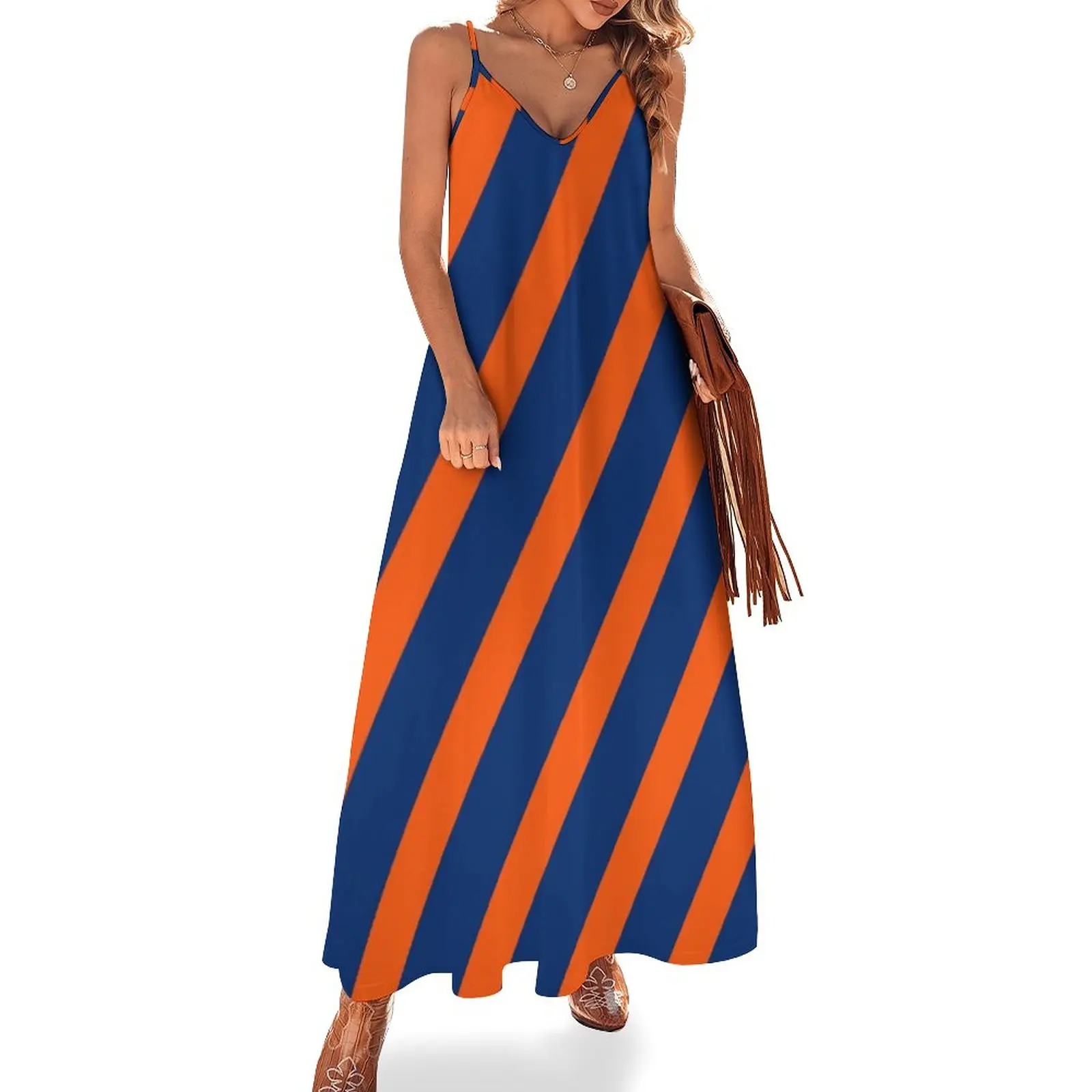 

Orange and BlueDiagonal Stripes Sleeveless Dress Casual dresses luxury woman evening dress birthday dress