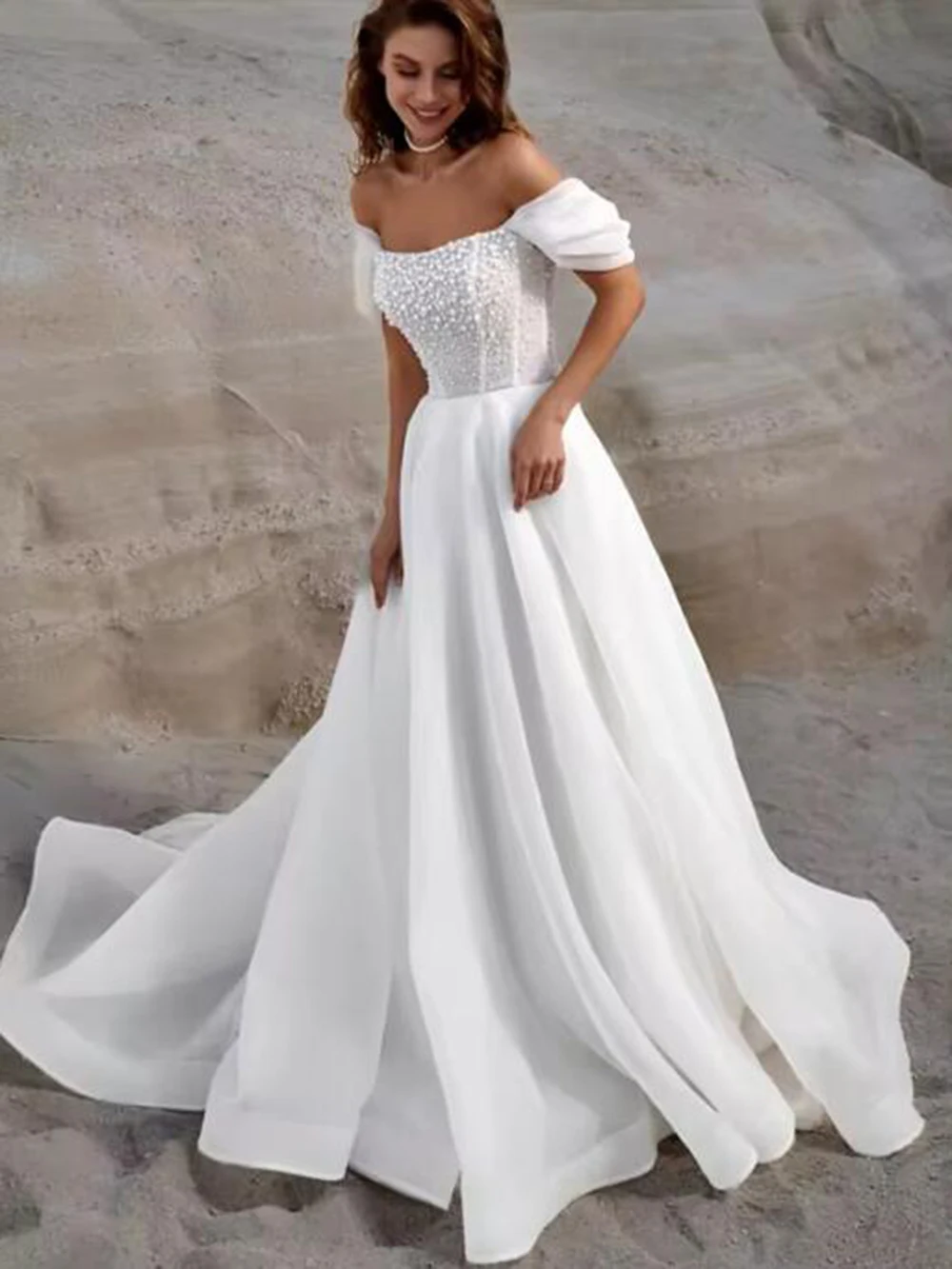 Romantic A-Line Wedding Dress Short Sleeve With Pearls Bride Formal Party Outfits Lace Appliques Beading Bridal Gown Robe Mariee