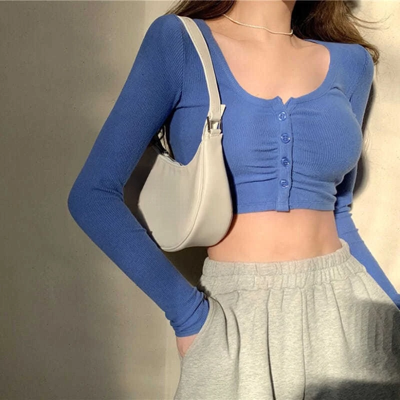 

Shirts Women Solid Leisure Sexy All-match Single Breasted Elegant Slender O-neck Fashion Autumn New Cozy Femenino Crop Tops Ins