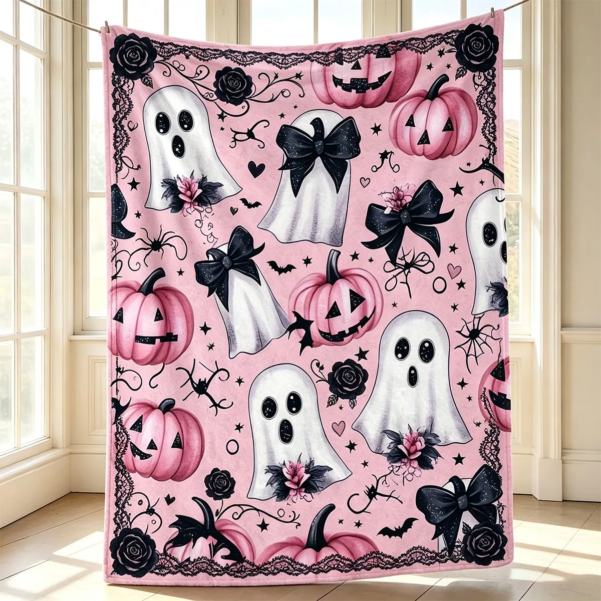 Manta de Halloween con diseño de Calabaza Fantasma Rosa y Rosa Negra, para Dormitorio, Oficina, Siesta, Cumpleaños