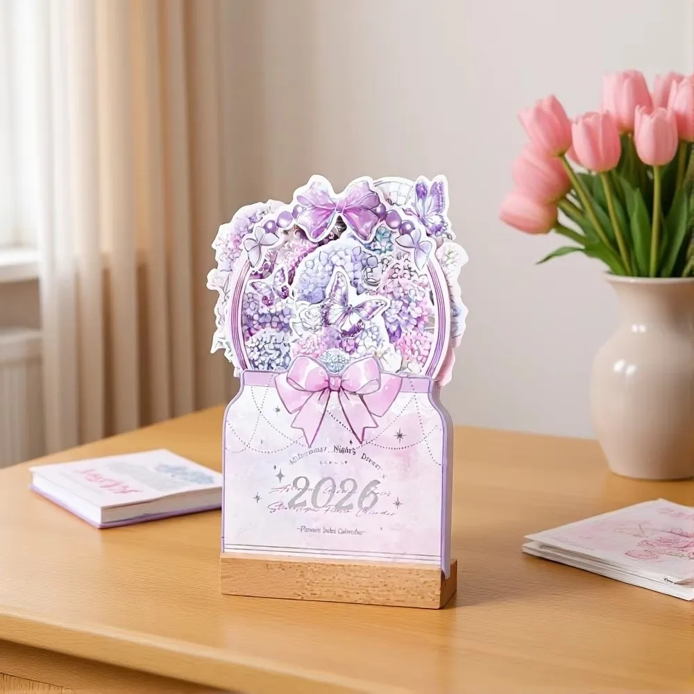 Rilegatura a spirale Fiore fiorito Calendario da tavolo in legno Cartone animato portatile 2026 Calendario da tavolo Pianificatore mensile Mini calendario in piedi