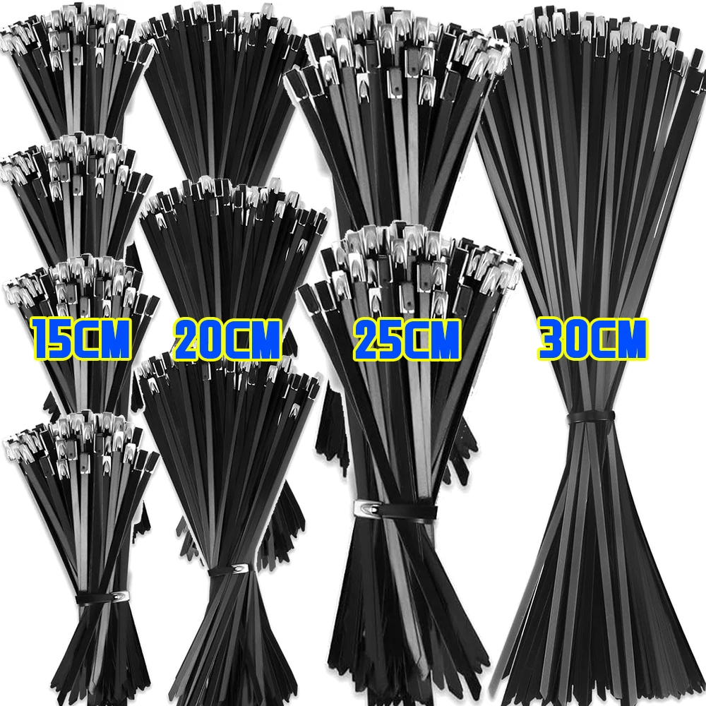 10/100Pcs Self-Locking Metal Black Cable Ties Stainless Steel Coated Heavy Duty Zip Tie Fastener Organizer Wrap 15/20/25/30cm