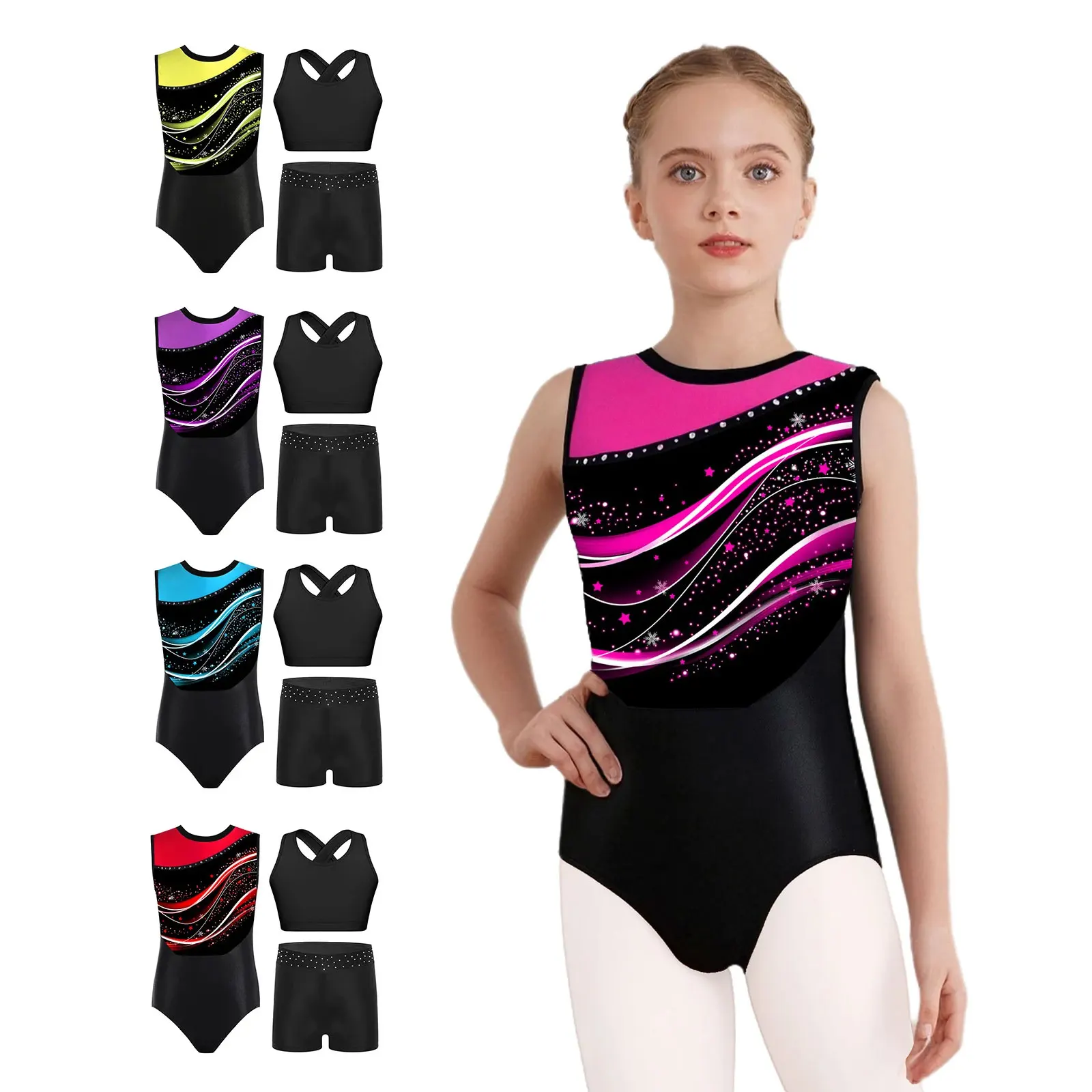 Kids Girls Gymnastics Ballet Dance Leotard Shiny Ballerina Dance Costume Sleeveless Athletics Costume Child Training Bodysuit